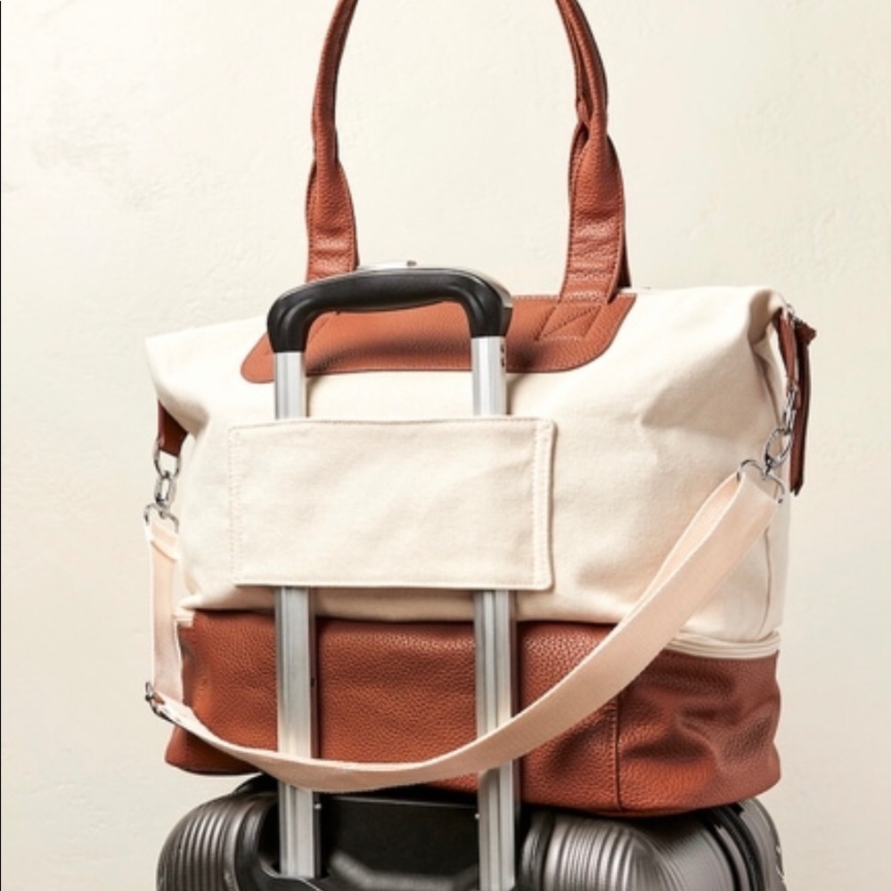 Canvas Travel Tote with Brown Leather Trim — Cream/Brown